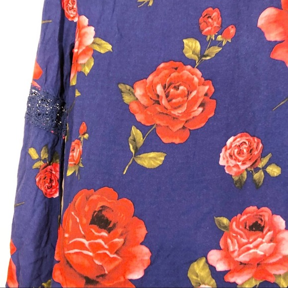 Forever 21 Floral Print Long Sleeve Shift Dress Blue Red with Lace Size Small - Picture 6 of 8